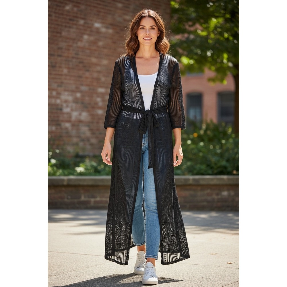 Auditions  Black Net Cardigan Maxi Duster with Belt Size M